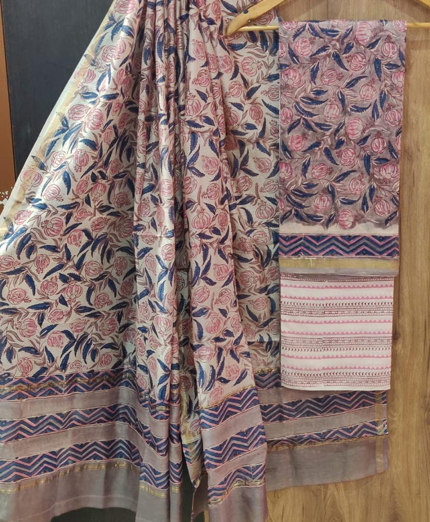 Multicolor Flower Print Chanderi Unstitched Suit Set with Chanderi Dupatta