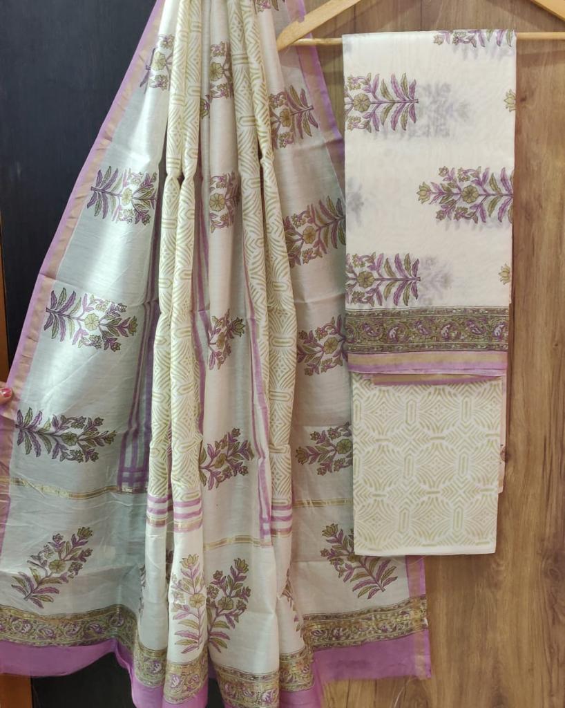 Cream & Violet Flower Print Chanderi Unstitched Suit Set with Chanderi Dupatta