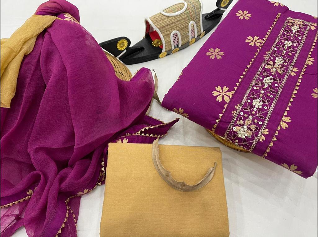 Purple Flower Print Gota Work Cotton Unstitched Suit Set with Chiffon Dupatta