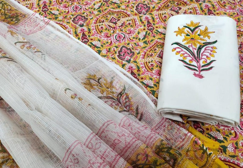 Yellow Flower Print Cotton Suit Set with Kota Doria Dupatta