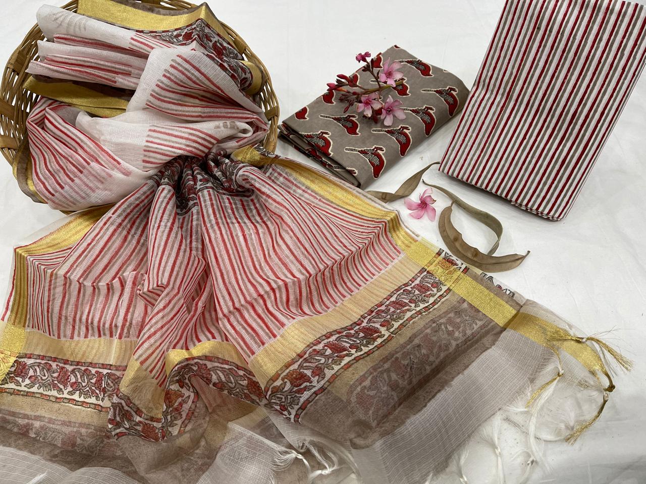 Multicolor Stripes Sparow Print Cotton Unstitched Suit Set with Kota Silk Dupatta
