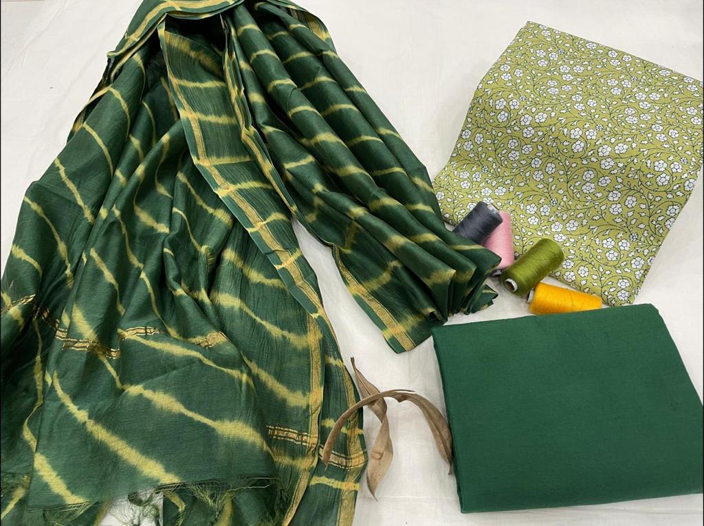 Dark Green Flower Print Cotton Unstitched Suit Set with Chanderi Silk Dupatta