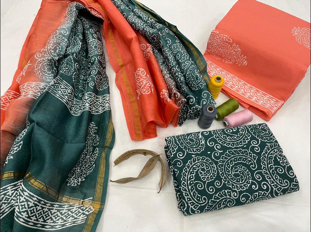 Green & Peach Flower Print Cotton Unstitched Suit Set with Chanderi Silk Dupatta