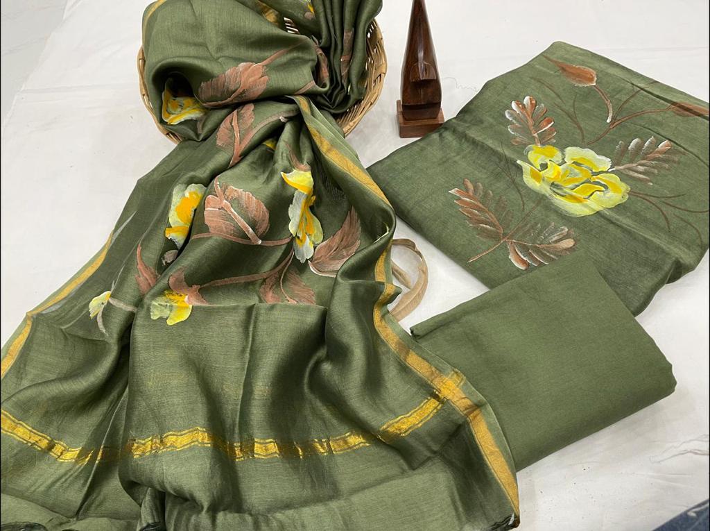 Dark Green Flower Print Chanderi Unstitched Suit Set with Cotton Bottom
