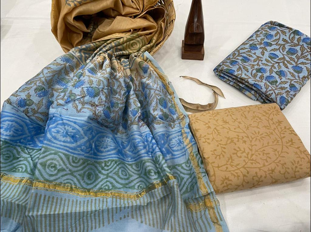 Brown & Blue Flower Print Chanderi Unstitched Suit Set with Cotton Bottom