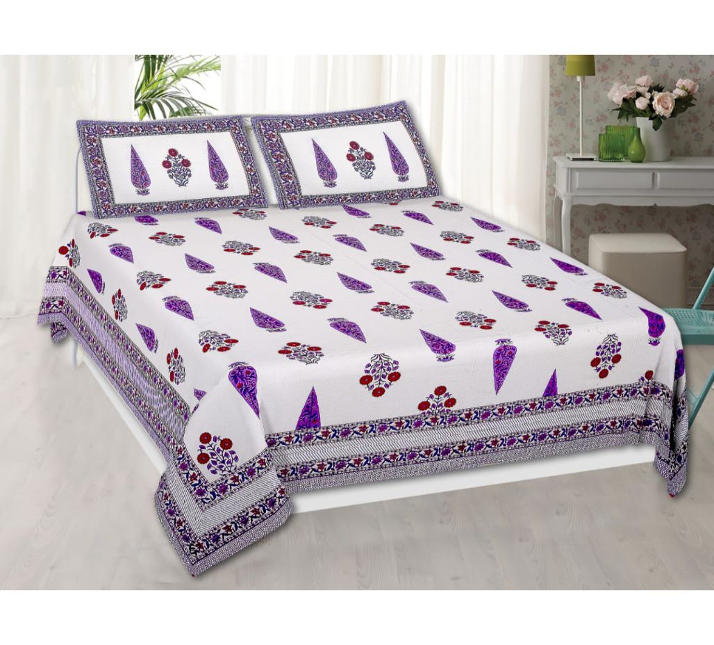 Beautiful White Base Purple Booti Pink Flower Designer King Size Pure Cotton Bed Sheet