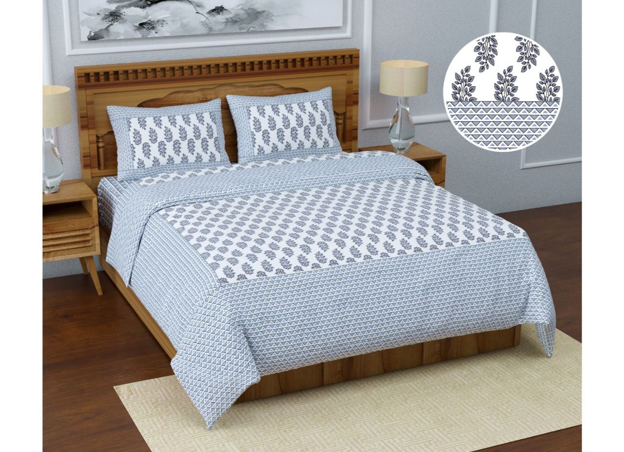 Beautiful White Base Grey & Light Blue Border Block Boota Style Print XXL 108*108 King Size Pure Cotton Bed Sheet