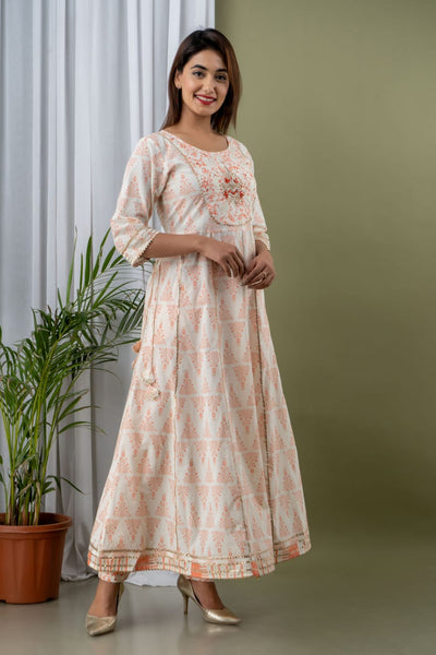 White & Orange Flower Print Stitched Cotton Lurex Suit Set with Cotton Dupatta