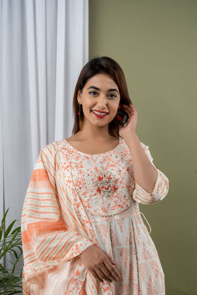White & Orange Flower Print Stitched Cotton Lurex Suit Set with Cotton Dupatta