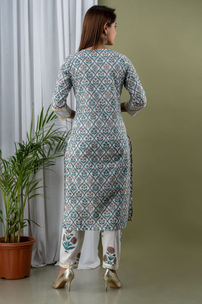 White & Gray Flower Print Stitched Cotton Lurex Suit Set with Cotton Dupatta