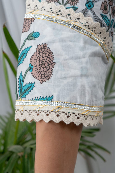 White & Gray Flower Print Stitched Cotton Lurex Suit Set with Cotton Dupatta