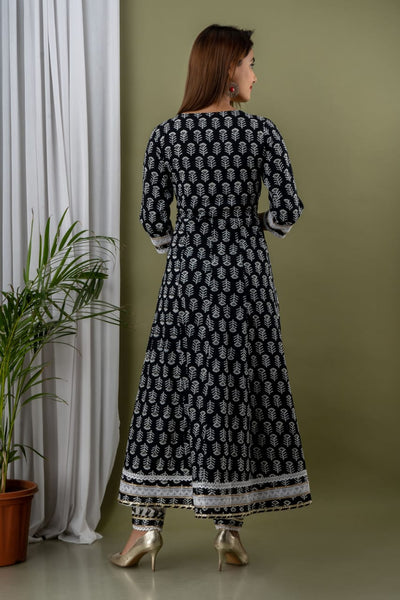 Black Flower Print Stitched Cotton Lurex Suit Set with Cotton Dupatta