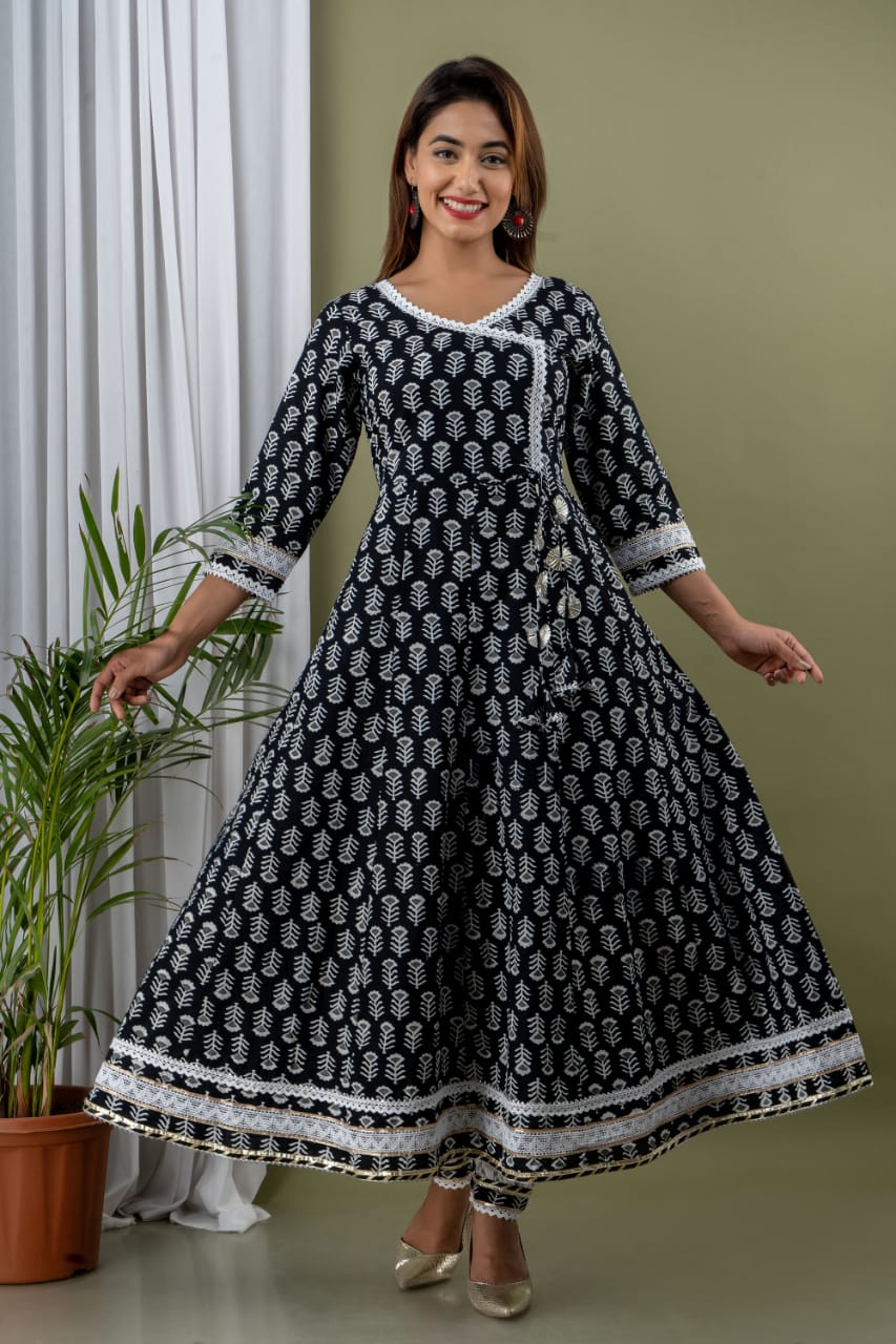 Black Flower Print Stitched Cotton Lurex Suit Set with Cotton Dupatta