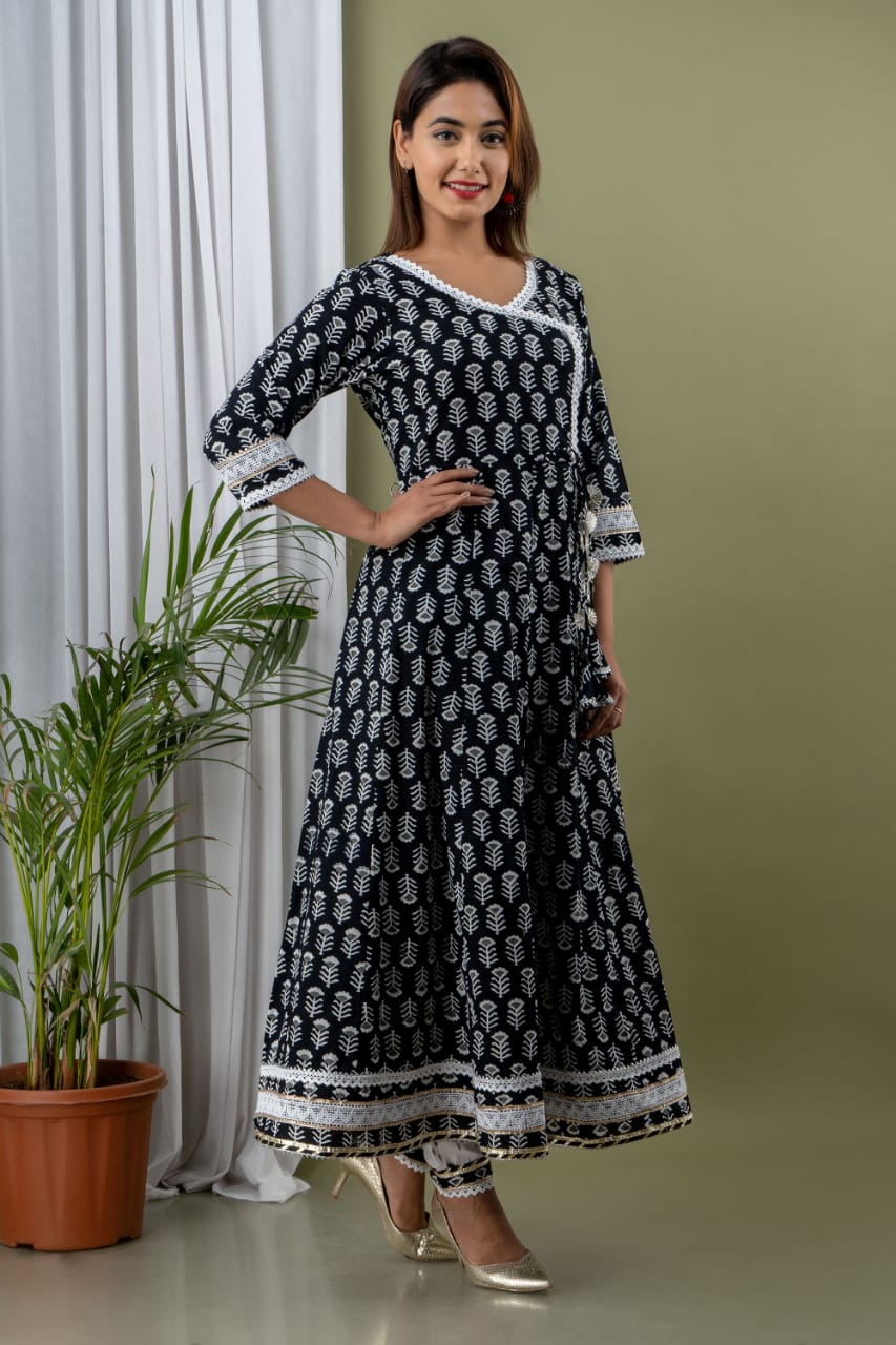 Black Flower Print Stitched Cotton Lurex Suit Set with Cotton Dupatta