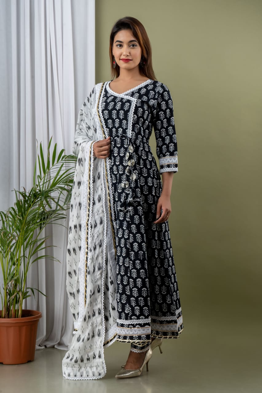 Black Flower Print Stitched Cotton Lurex Suit Set with Cotton Dupatta