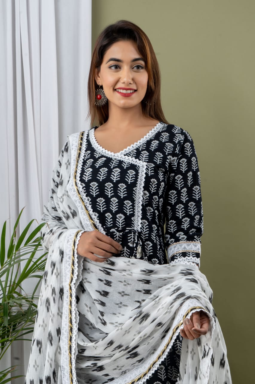 Black Flower Print Stitched Cotton Lurex Suit Set with Cotton Dupatta