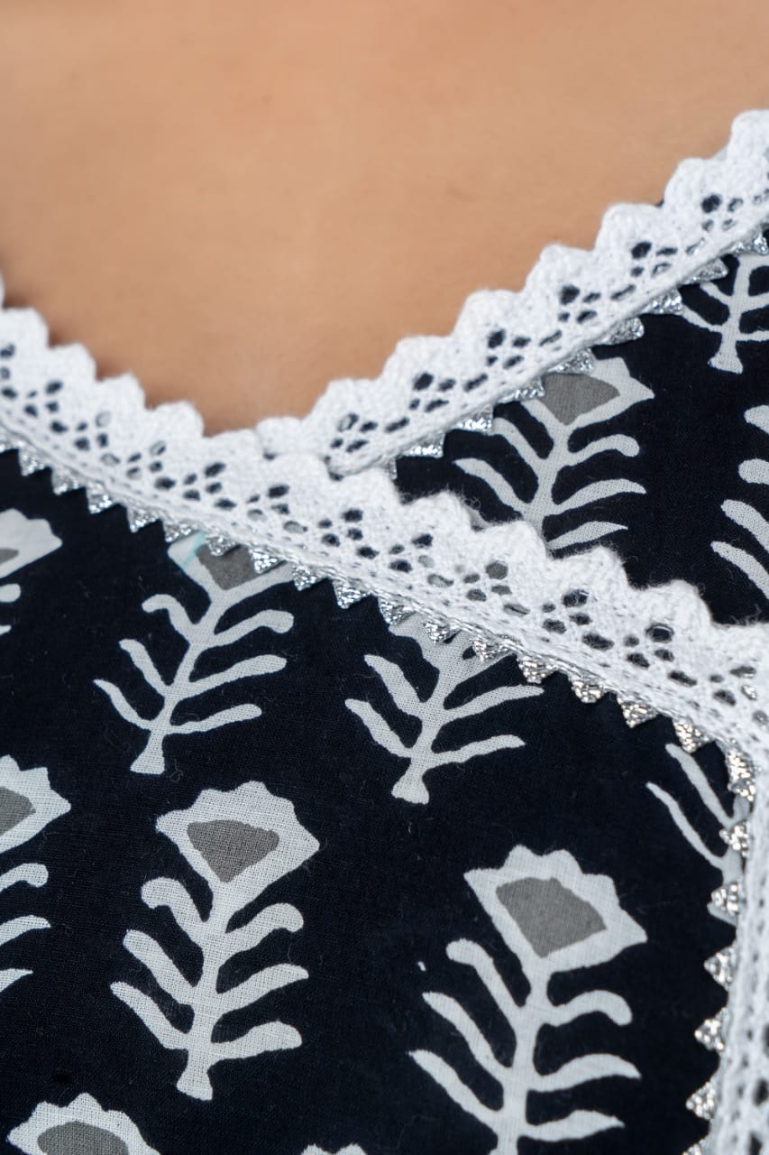 Black Flower Print Stitched Cotton Lurex Suit Set with Cotton Dupatta