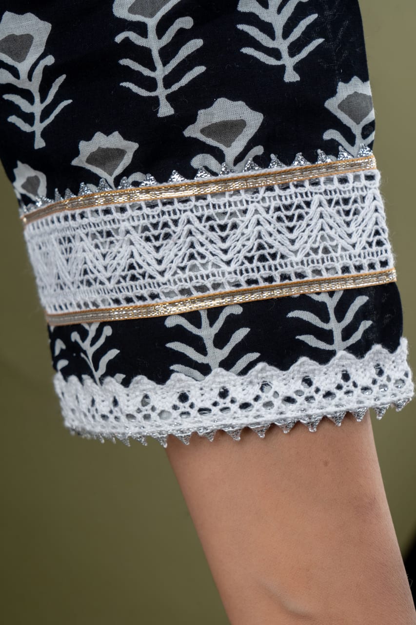 Black Flower Print Stitched Cotton Lurex Suit Set with Cotton Dupatta