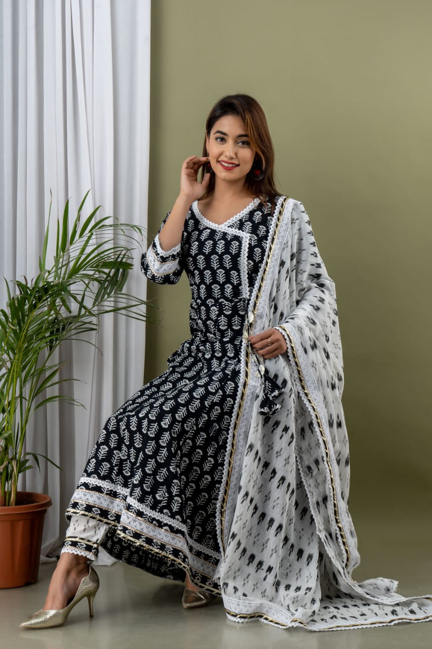 Black Flower Print Stitched Cotton Lurex Suit Set with Cotton Dupatta