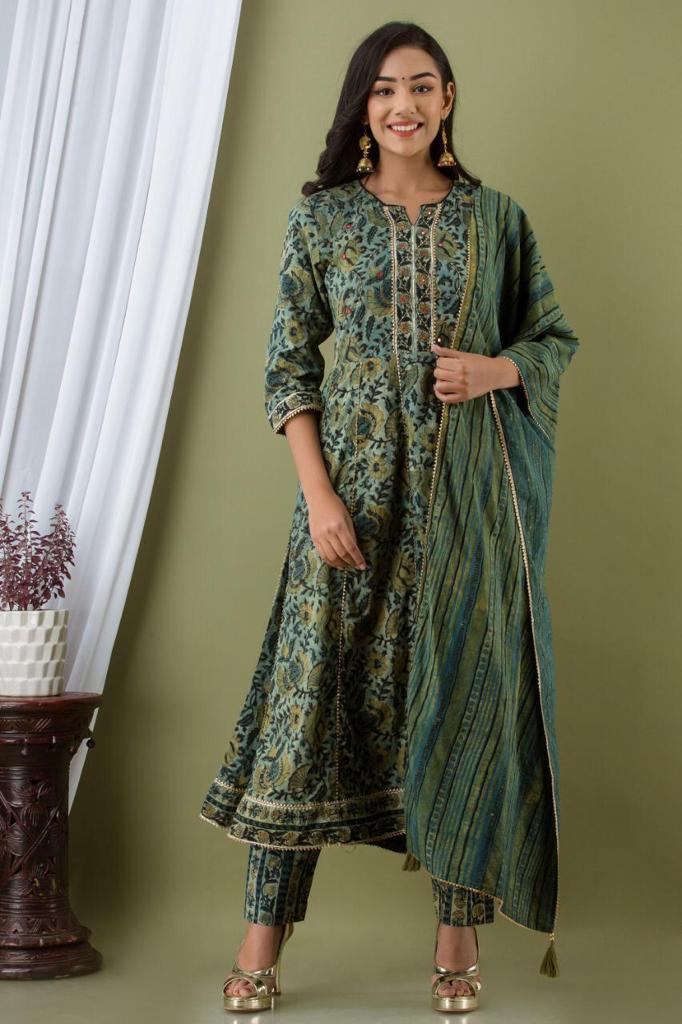 Dark Green Flower Print Stitched Cotton Suit Set with Cotton Dupatta