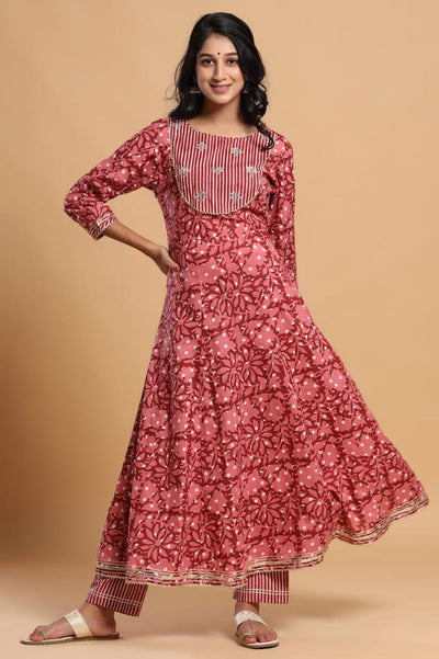 Pink Flower Print Stitched Cotton Suit Set with Cotton Dupatta