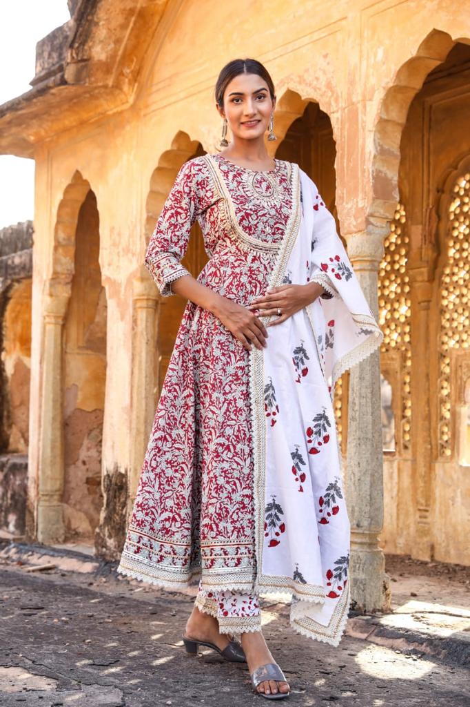 Red & White Flower Print Stitched Cotton Suit Set with Cotton Dupatta