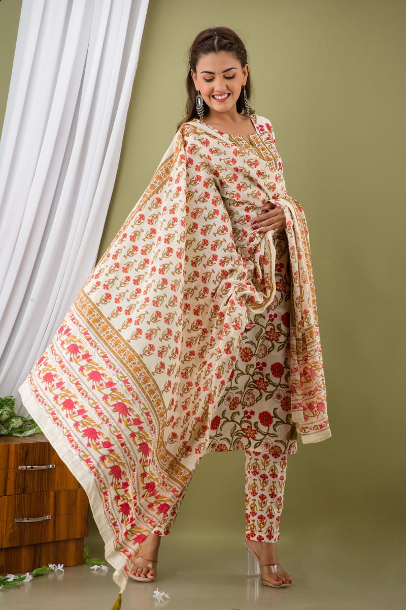 Cream Flower Print Stitched Cotton Suit Set with Cotton Dupatta