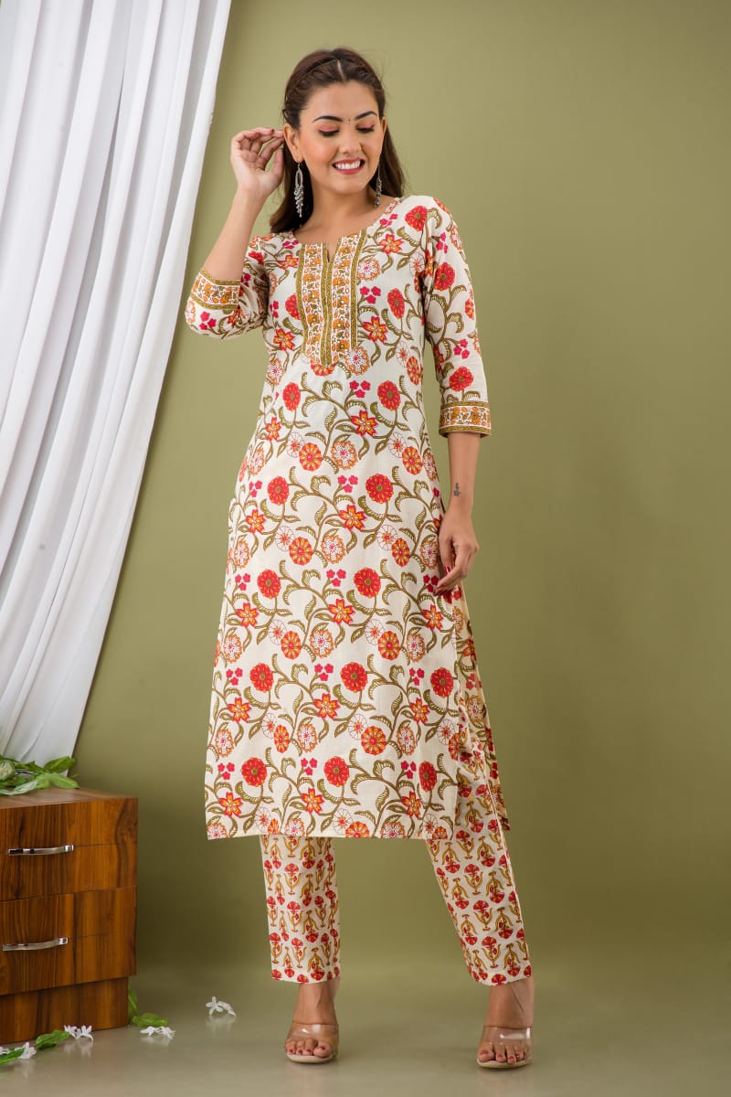Cream Flower Print Stitched Cotton Suit Set with Cotton Dupatta