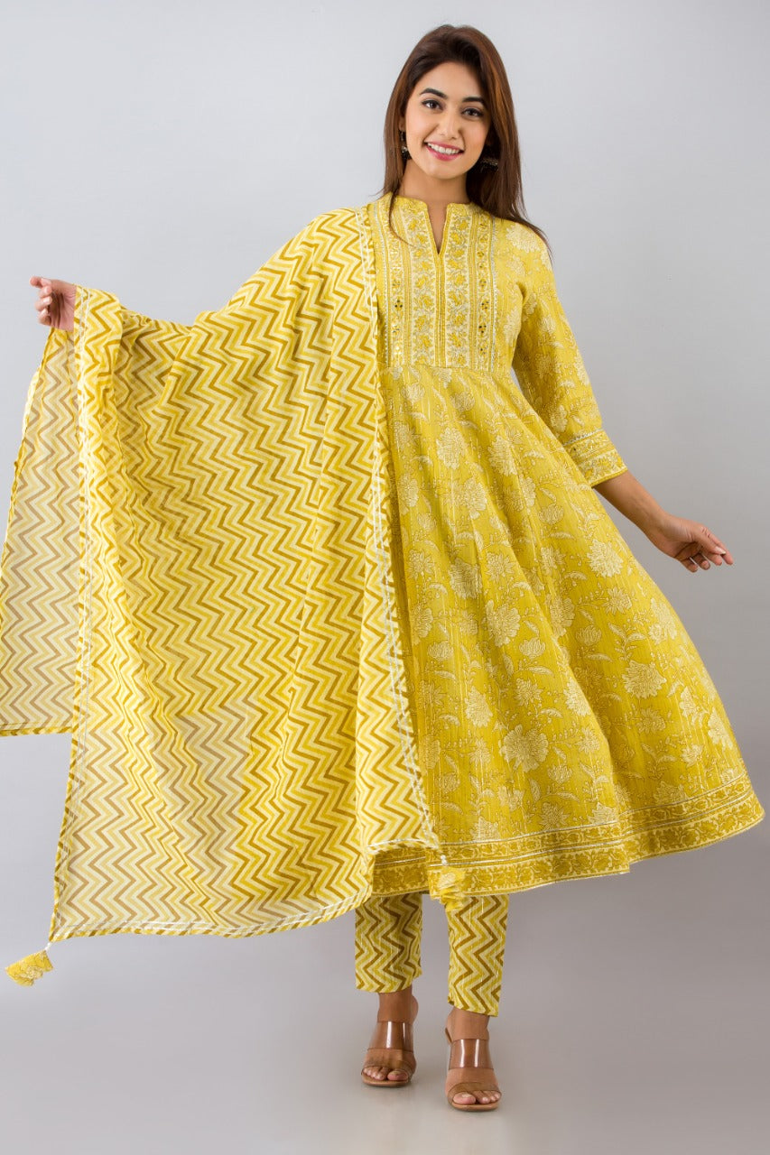 Yellow Flower Print Stitched Cotton Lurex Suit Set with Cotton Dupatta
