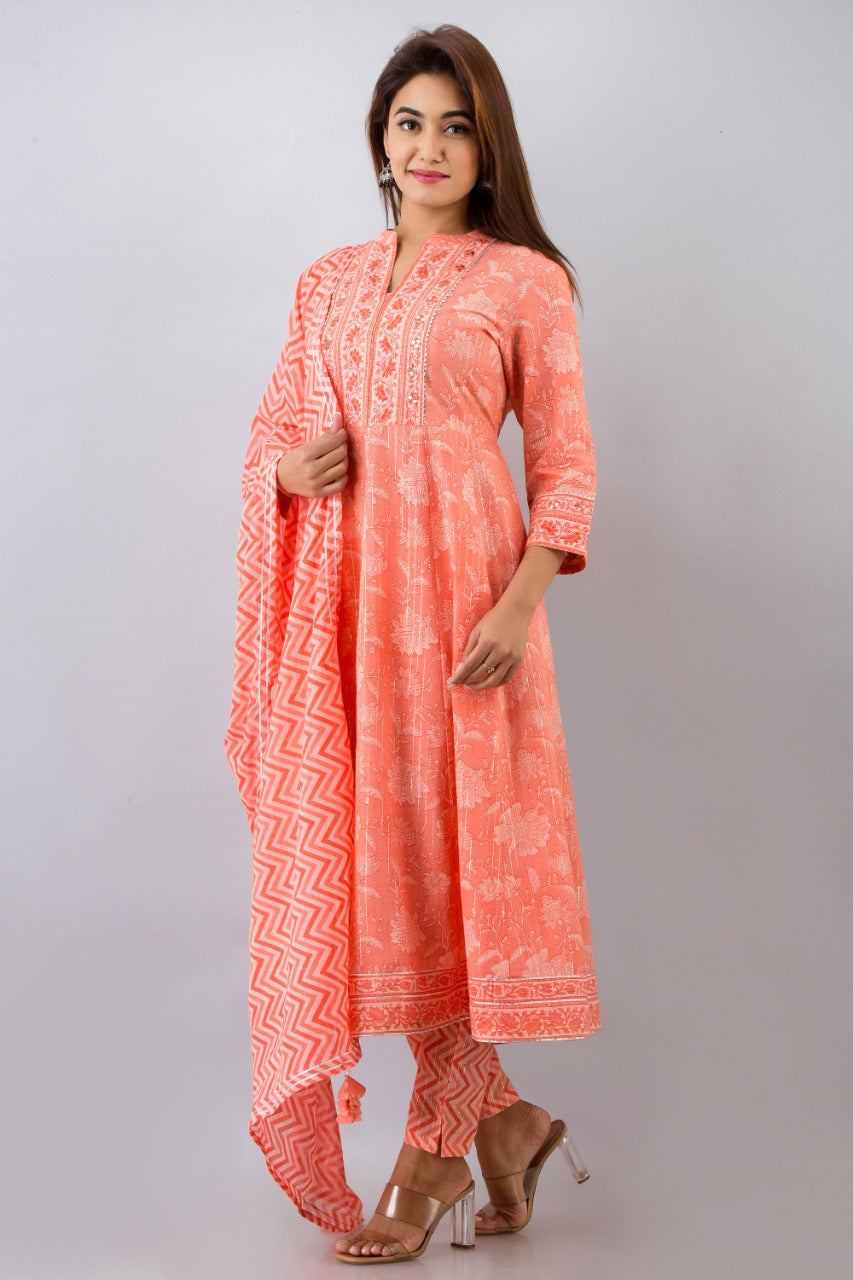 Orange Flower Print Stitched Cotton Lurex Suit Set with Cotton Dupatta