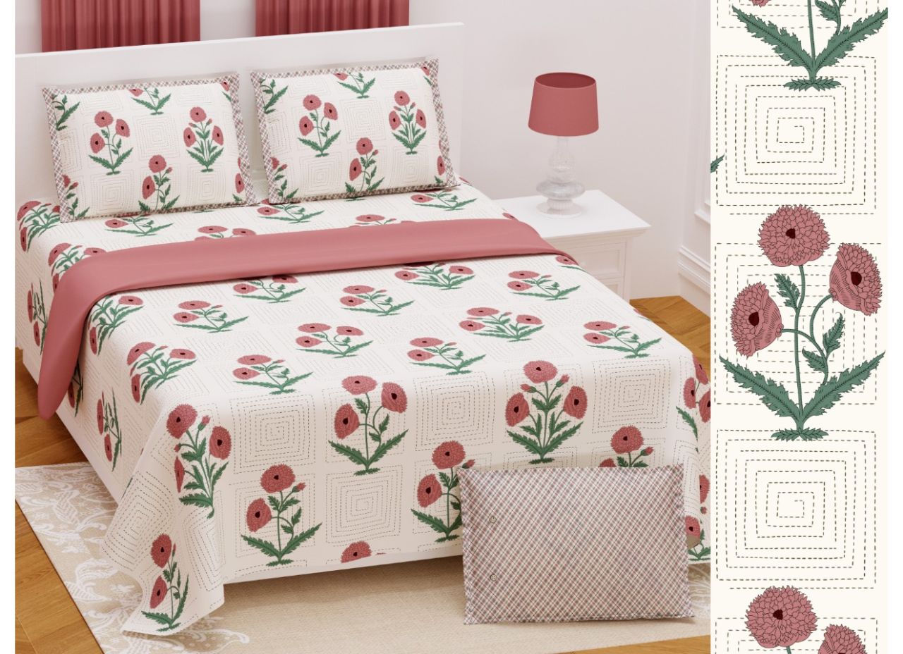 Very Trendy Dusky Pink Big Flower Katha Handwork Style Micro Printed Extra Large 108*108 King Size Cotton Bed Sheet