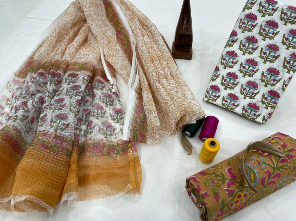 Yellow Flower Print Cotton Suit Set with Kota Doria Dupatta