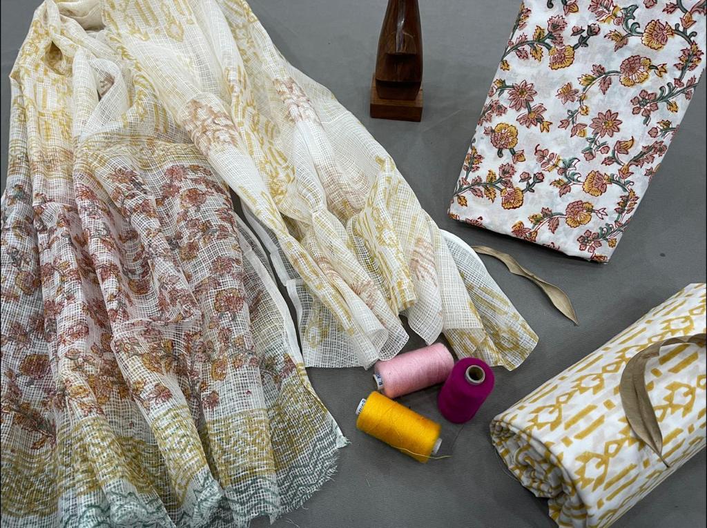 Cream Flower Print Cotton Suit Set with Kota Doria Dupatta