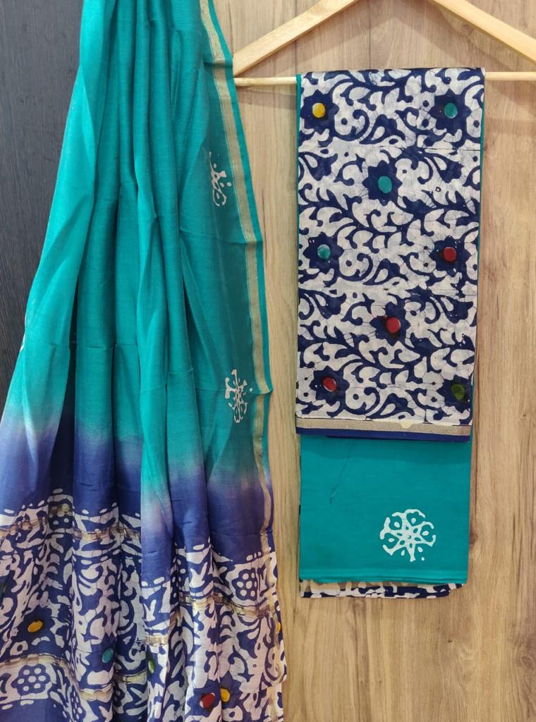 Sea Green Flower Printed Chanderi Unstitched Suit Set with Chanderi Dupatta