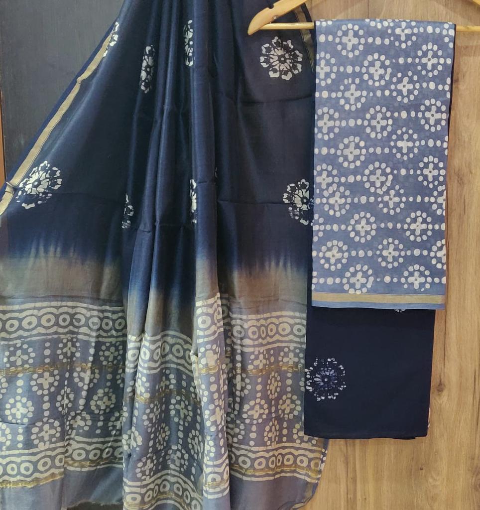 Dark Blue Flower Printed Chanderi Unstitched Suit Set with Chanderi Dupatta