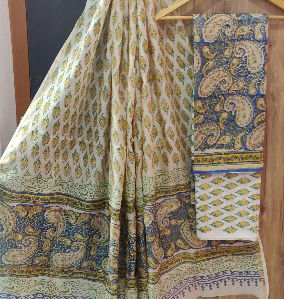 Yellow & Blue Flower Printed Chanderi Unstitched Suit Set with Chanderi Dupatta