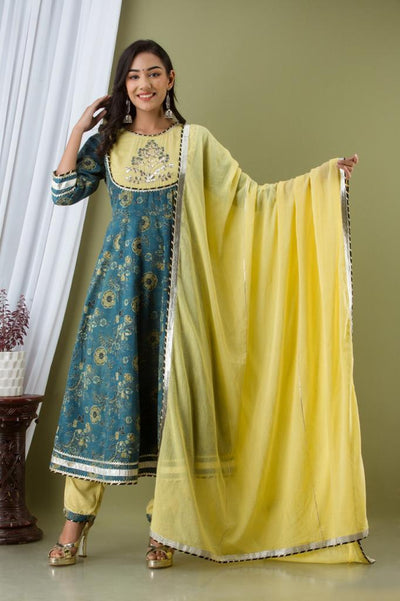 Green & Yellow Flower Print Stitched Cotton Suit Set with Cotton Dupatta