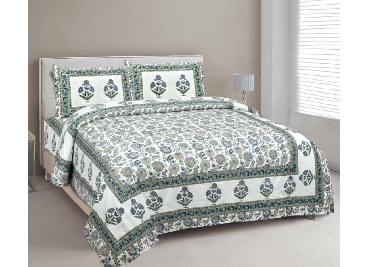 Beautiful Mint Green & Blue Floral With Mughal Boota Print King Size Pure Cotton Bed Sheet
