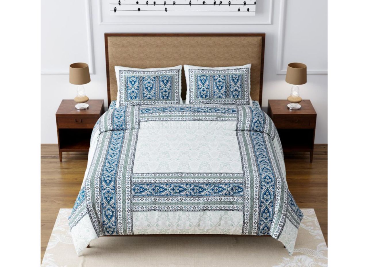 Designer Blue and Grey Abstract Pattern, All Over Print King Size Pure Cotton Bed Sheet