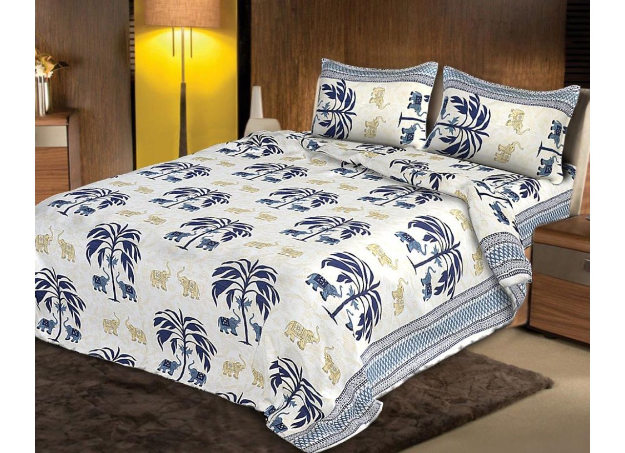 Designer Blue & Pale Palm Tree with Elephant Print King Size Cotton Bed Sheet