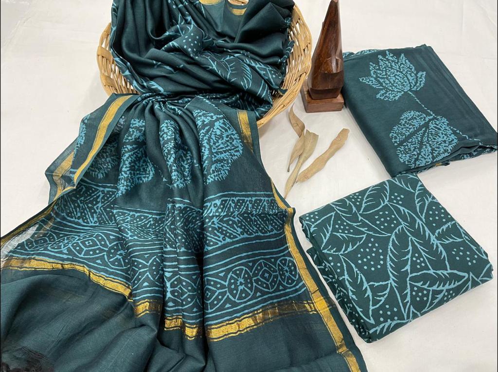 Dark Green Leaf Print Chanderi Unstitched Suit Set with Chanderi Dupatta