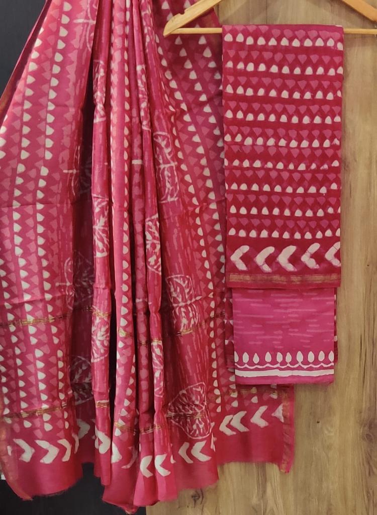 Pink Shape Print Chanderi Unstitched Suit Set with Chanderi Dupatta