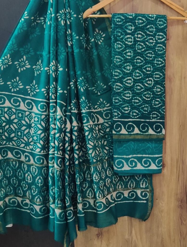 Dark Blue Flower Print Chanderi Unstitched Suit Set with Chanderi Dupatta