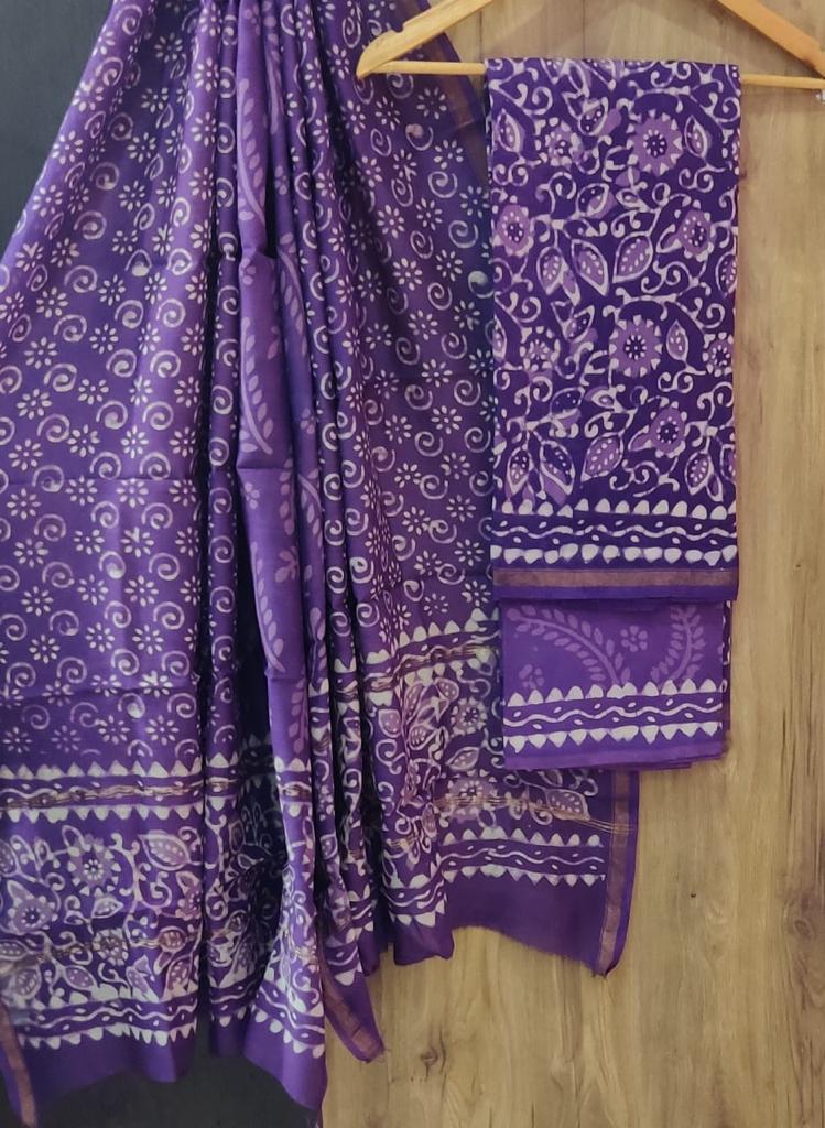 Violet Flower Print Chanderi Unstitched Suit Set with Chanderi Dupatta