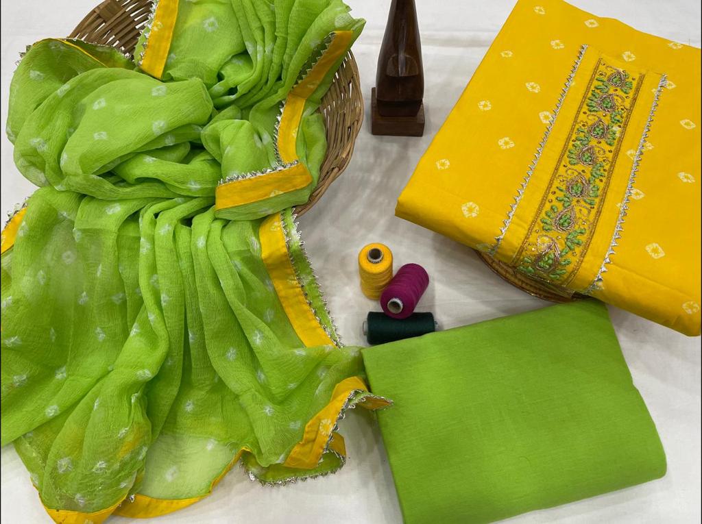 Green & Yellow Print Gota Work Cotton Unstitched Suit Set with Chiffon Dupatta