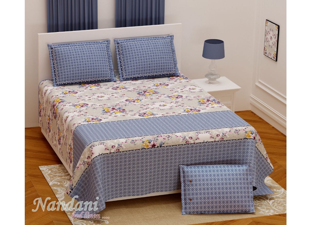 Blue Checks & Flower Print 108*108, XXL Size Premium Cotton Bed Sheet