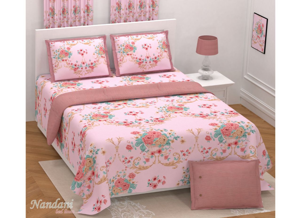 Beautiful Baby Pink Base Multi color Flower Print 108*108, XXL Size Premium Cotton Bed Sheet