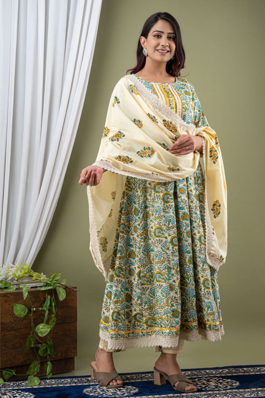 Cream & Green Flower Print Stitched Cotton Suit Set with Cotton Dupatta