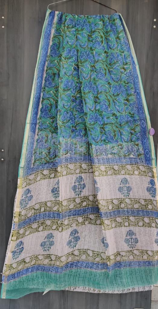 Blue Flower Print Kota Doria Saree With Blouse