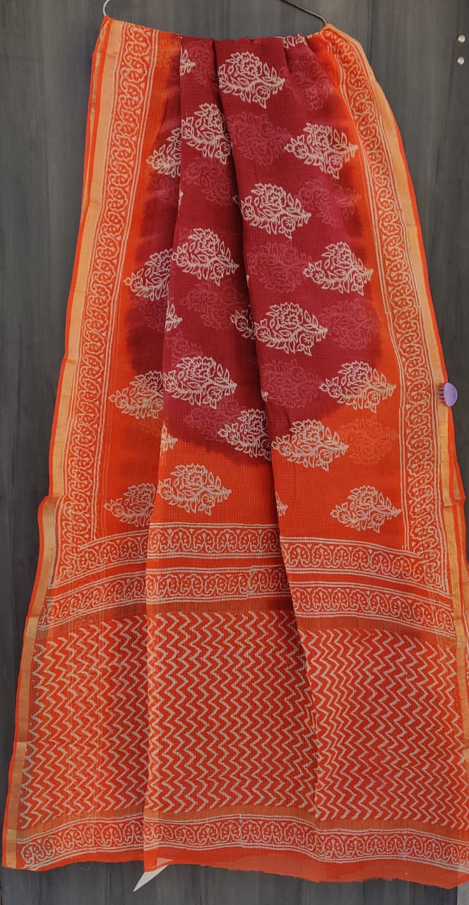 Orange Leaf Print Kota Doria Saree With Blouse